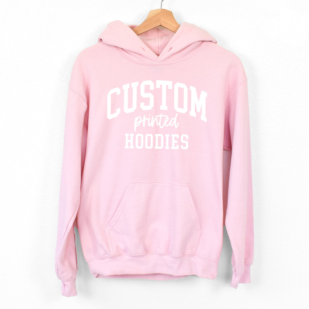 
                  
                    a custom printed hoodie in light pink
                  
                